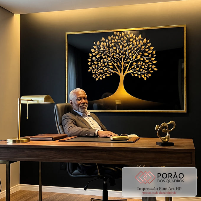 Quadro Decorativo Árvore da Vida em Dourado  Beleza e Simbologia em escritorio moderno - quadros decorativos para sala