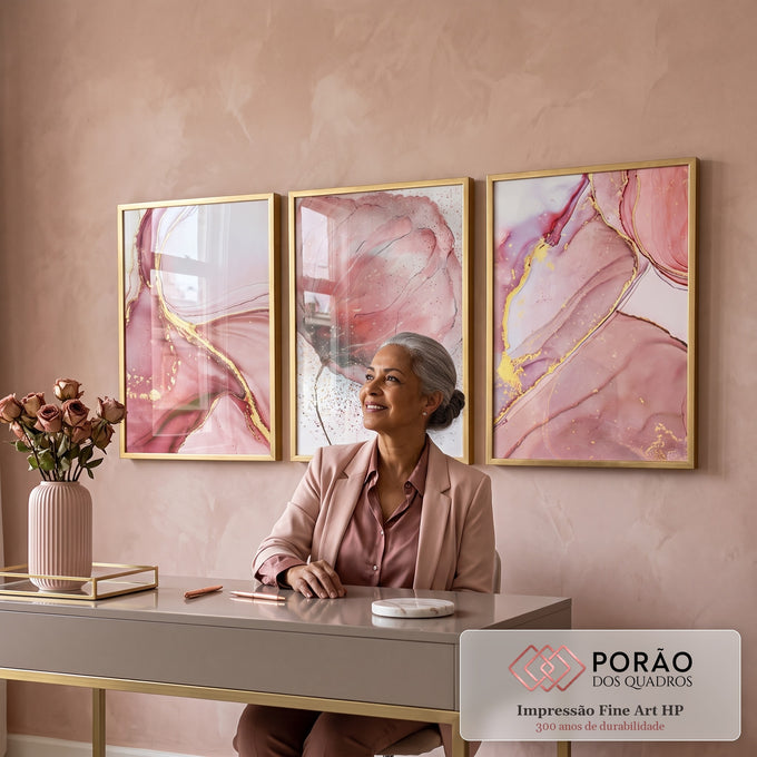Quadro Decorativo Serenidade em Rosa e Dourado em escritorio moderno - quadros decorativos para sala