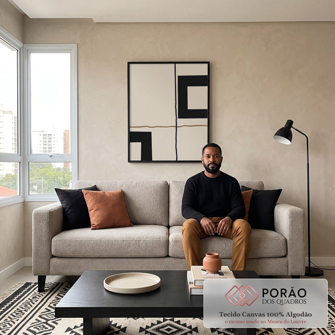 Quadro Decorativo: Encanto Geométrico em Preto e Branco em sala de estar moderna - quadros decorativos para sala