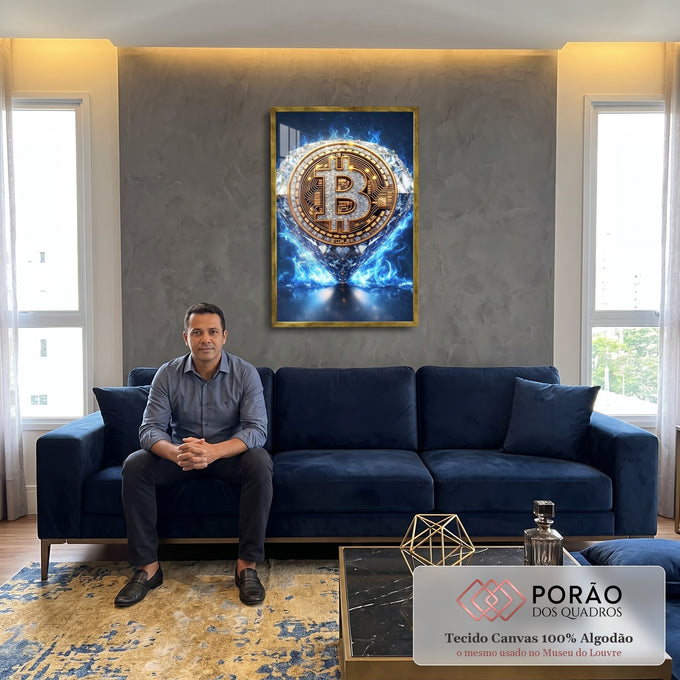 Quadro Decorativo Bitcoin Brilhante em sala de estar moderna - quadros decorativos para sala