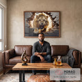 Quadro Decorativo Premium: Leão Quebrando Parede em Aura Dourada em sala de estar moderna - quadros decorativos para sala