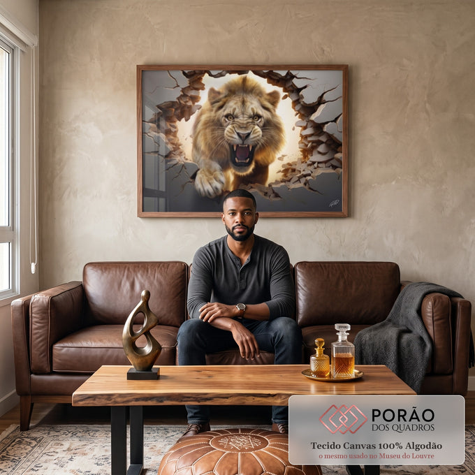 Quadro Decorativo Premium: Leão Quebrando Parede em Aura Dourada em sala de estar moderna - quadros decorativos para sala