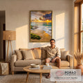 Quadro Decorativo Pôr do Sol: Praia Serena e Céu Vibrante em sala de estar moderna - quadros decorativos para sala