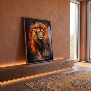 Quadro Decorativo Leão Flamejante: Imagem de Poder em ambiente decorado - quadros decorativos para sala