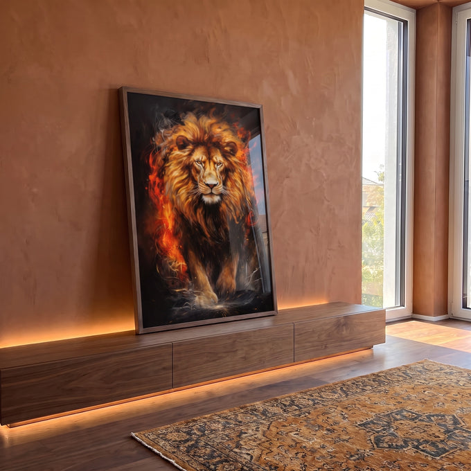 Quadro Decorativo Leão Flamejante: Imagem de Poder em ambiente decorado - quadros decorativos para sala