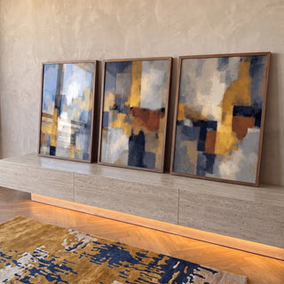 Quadro Decorativo Abstrato Azul e Dourado em ambiente decorado - quadros decorativos para sala