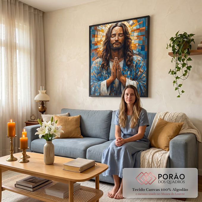Quadro Decorativo Benção De Jesus Inspiração e Paz em sala de estar moderna - quadros decorativos para sala