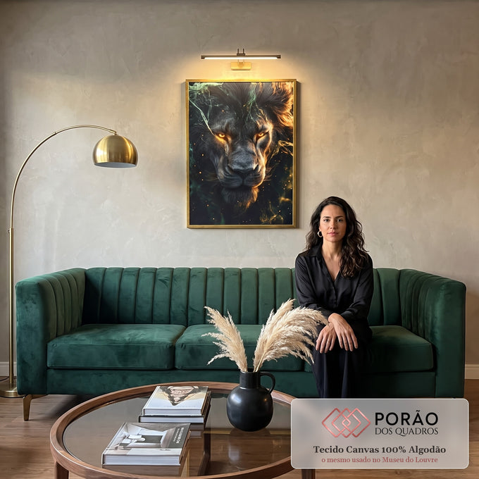 Quadro Decorativo Leão Radiante - Força e Beleza para Sua Casa em sala de estar moderna - quadros decorativos para sala