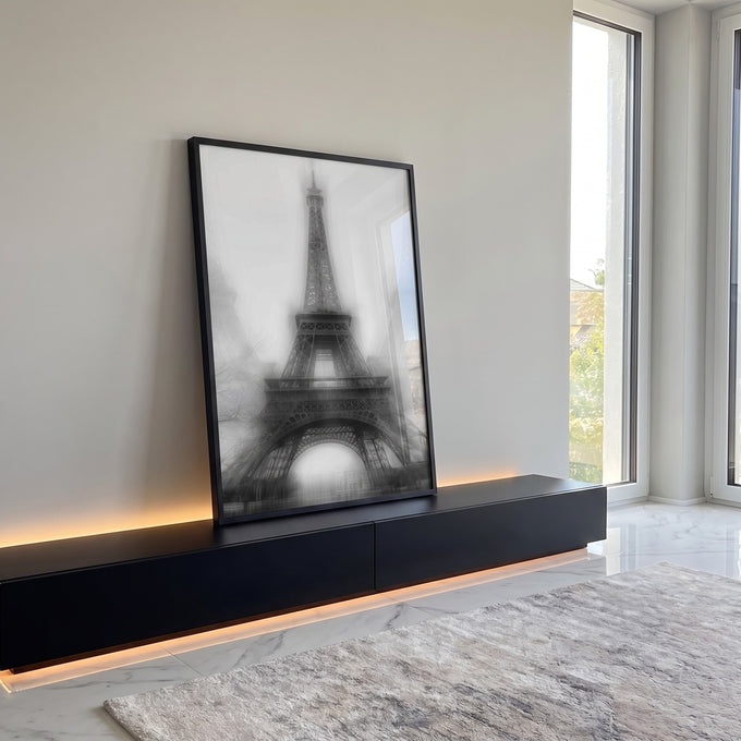 Quadro Decorativo Torre Eiffel em Preto e Branco em ambiente decorado - quadros decorativos para sala
