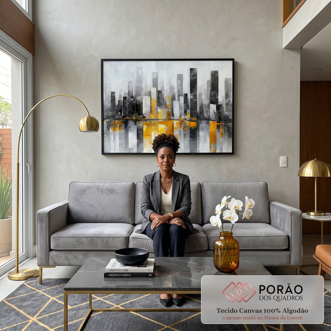 Quadro Decorativo Urbano Cinza e Amarelo em sala de estar moderna - quadros decorativos para sala
