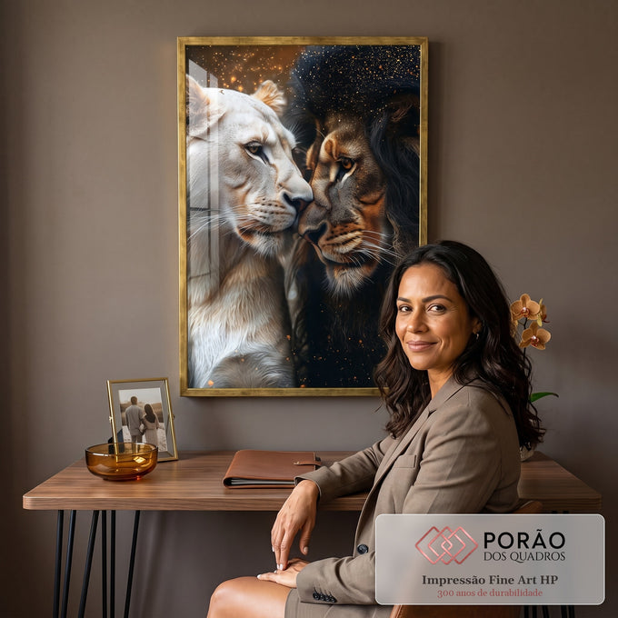 Quadro Decorativo Casal de Leões Força e Pureza em Harmonia em escritorio moderno - quadros decorativos para sala