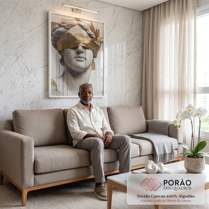 Quadro Decorativo Serenity em Mármore Dourado em sala de estar moderna - quadros decorativos para sala
