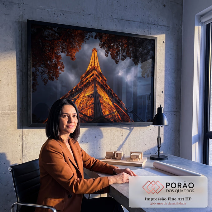 Quadro Decorativo Torre Eiffel Noturna Elegante em escritorio moderno - quadros decorativos para sala