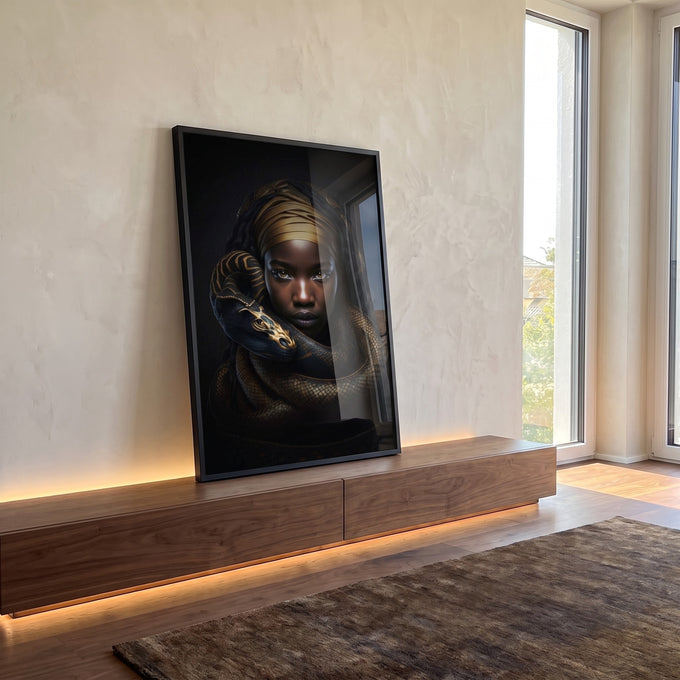 Quadro Decorativo Serpente Gold: Elegância e Poder em ambiente decorado - quadros decorativos para sala