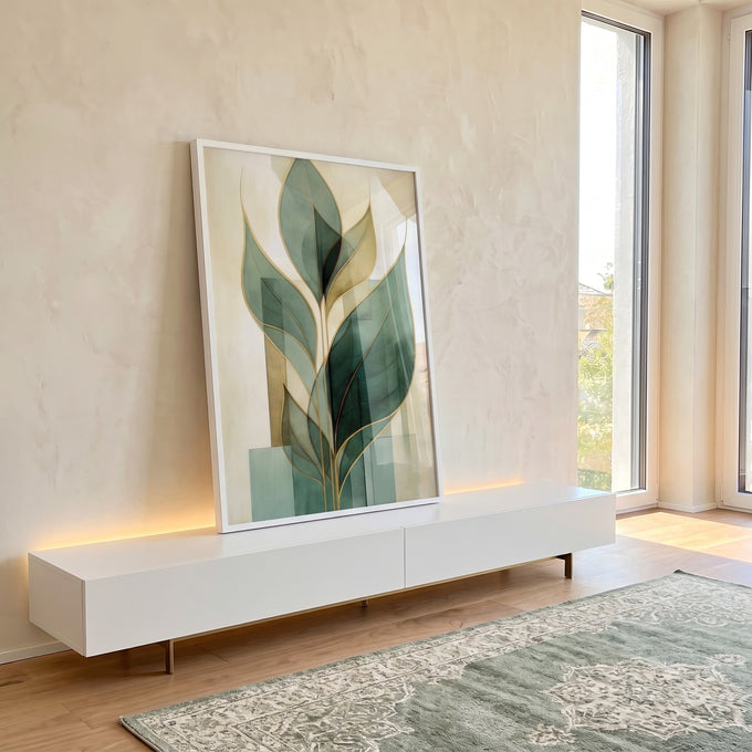 Quadro Decorativo Minimalista Folhas Verdes em ambiente decorado - quadros decorativos para sala