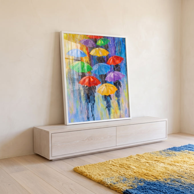 Quadro Decorativo: Dia Chuvoso Colorido - Uma Explosão de Alegria em ambiente decorado - quadros decorativos para sala
