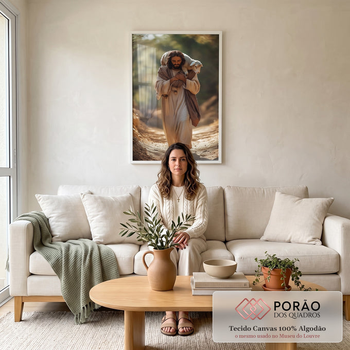 Quadro Decorativo Jesus com o Cordeiro em sala de estar moderna - quadros decorativos para sala