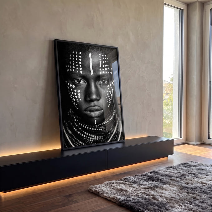 Quadro Decorativo Rosto Humano em Preto e Branco em ambiente decorado - quadros decorativos para sala