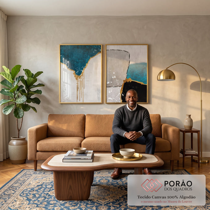 Quadro Decorativo: Luxo em Abstrato Azul e Ouro em sala de estar moderna - quadros decorativos para sala