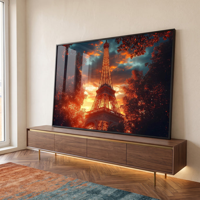 Quadro Decorativo Torre Eiffel ao Amanhecer em ambiente decorado - quadros decorativos para sala
