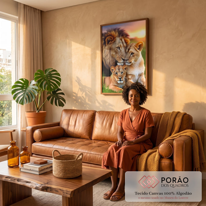 Quadro Decorativo Serenidade Familiar dos Leões em sala de estar moderna - quadros decorativos para sala