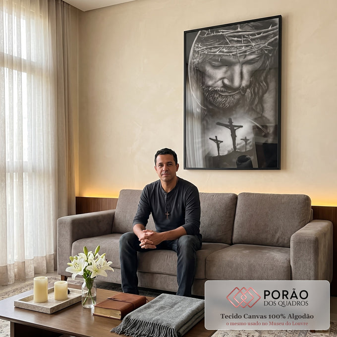 Quadro Decorativo: A Redenção em Preto e Branco em sala de estar moderna - quadros decorativos para sala