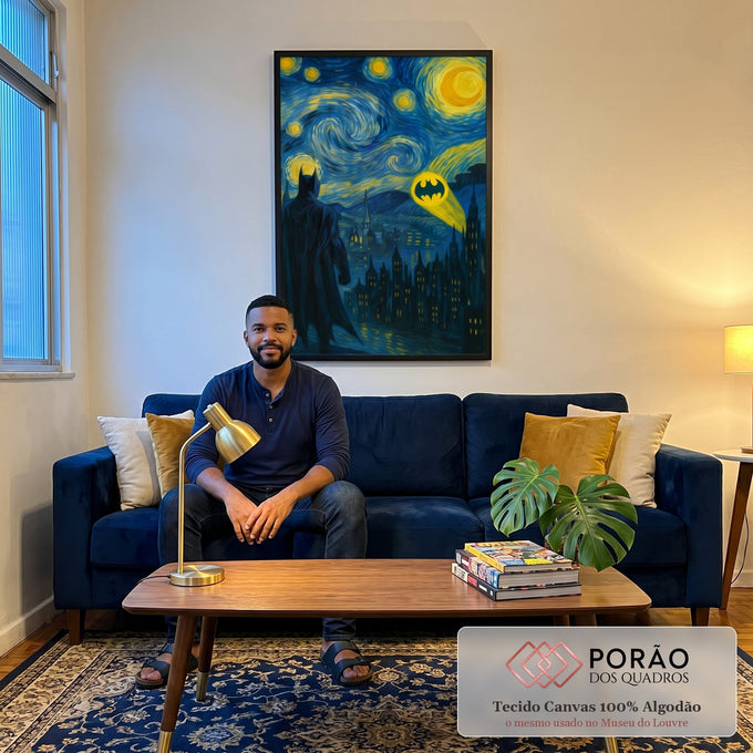 Quadro Decorativo Batman sob o Céu Estrelado em sala de estar moderna - quadros decorativos para sala