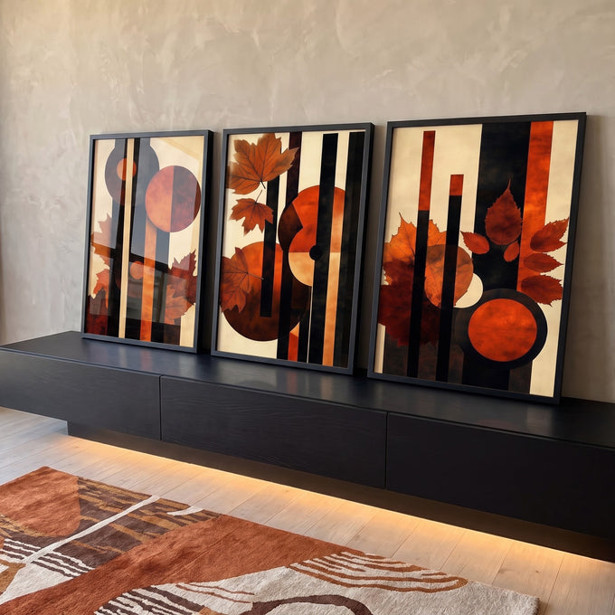 Quadro Decorativo Abstrato com Folhas Alaranjadas em ambiente decorado - quadros decorativos para sala