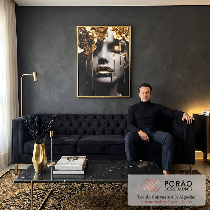 Quadro Decorativo - Rosto de Ouro em sala de estar moderna - quadros decorativos para sala