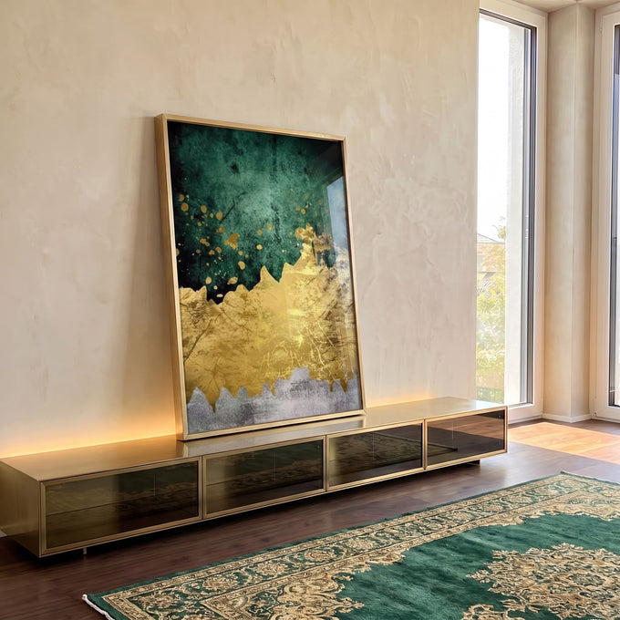 Quadro Decorativo Abstração Verde e Dourado: Inspire-se! em ambiente decorado - quadros decorativos para sala