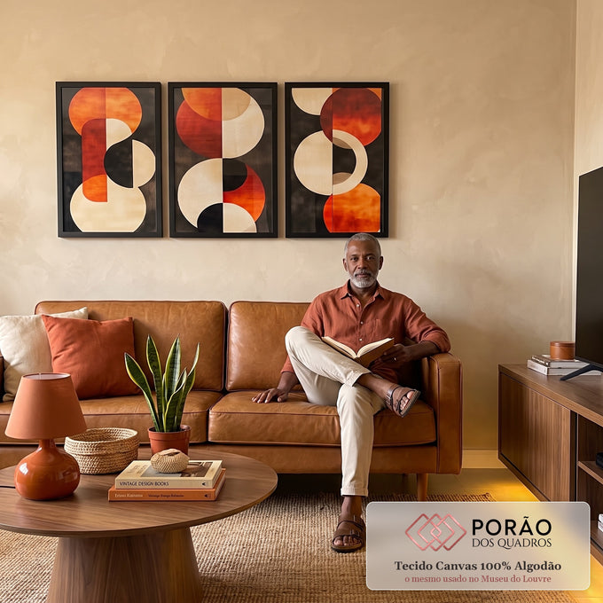 Quadro Decorativo Minimalista Circulares em Tons Alaranjados em sala de estar moderna - quadros decorativos para sala