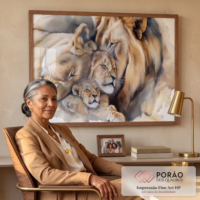 Quadro Decorativo Leões Amor e Proteção em escritorio moderno - quadros decorativos para sala