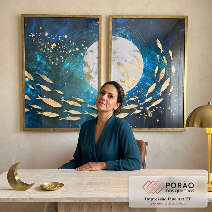 Quadro Decorativo Arte Cósmica Peixes Estelares - Encante-se em escritorio moderno - quadros decorativos para sala