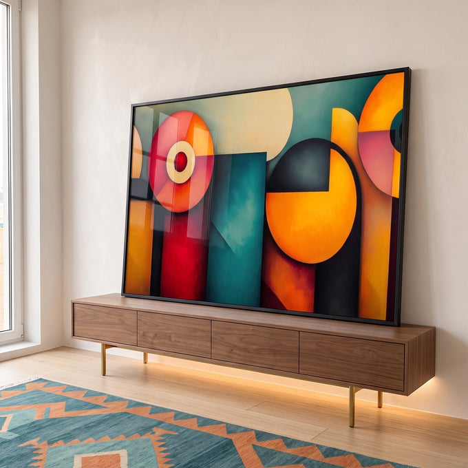 Quadro Decorativo Abstrato com Formas Geométricas em ambiente decorado - quadros decorativos para sala