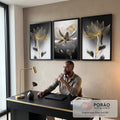 Quadro Decorativo Flores Monocromáticas com Toque Dourado em escritorio moderno - quadros decorativos para sala
