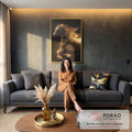 Quadro Decorativo Cavalo Dourado Etéreo em sala de estar moderna - quadros decorativos para sala