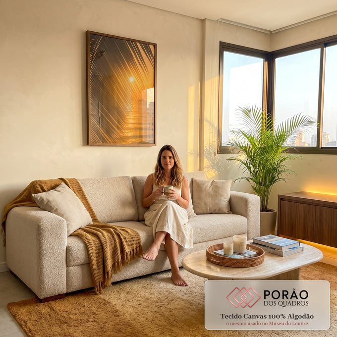 Quadro Decorativo Pôr do Sol Tropical em sala de estar moderna - quadros decorativos para sala