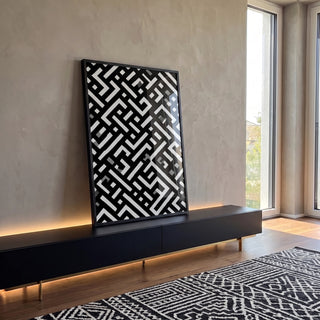 Quadro Decorativo Labirinto Preto e Branco em ambiente decorado - quadros decorativos para sala