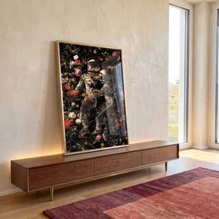 Quadro Decorativo Amor Cósmico: União Astral e Flores em ambiente decorado - quadros decorativos para sala