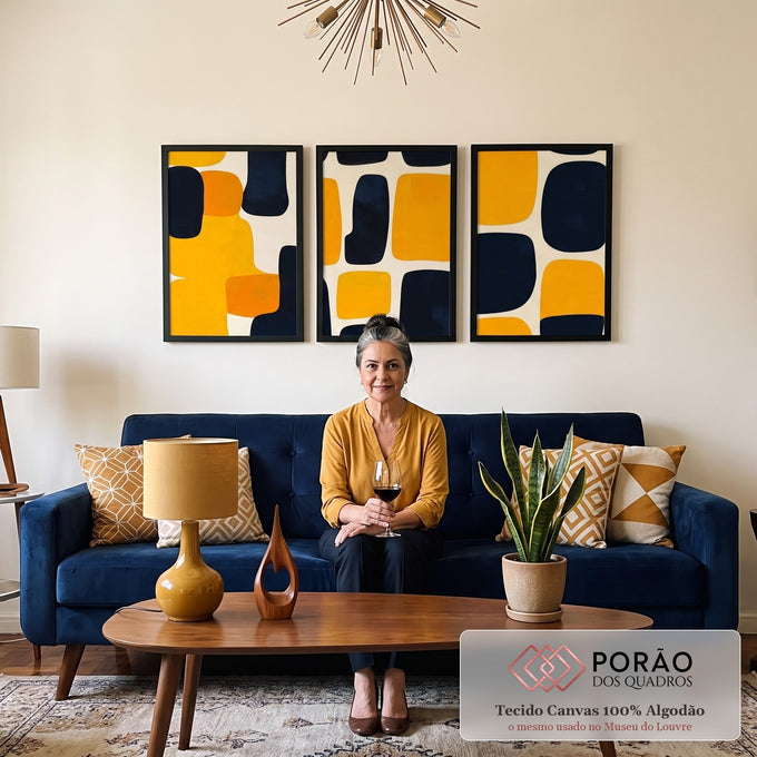 Quadro Decorativo Abstrato Tríptico Moderno em Amarelo e Preto em sala de estar moderna - quadros decorativos para sala