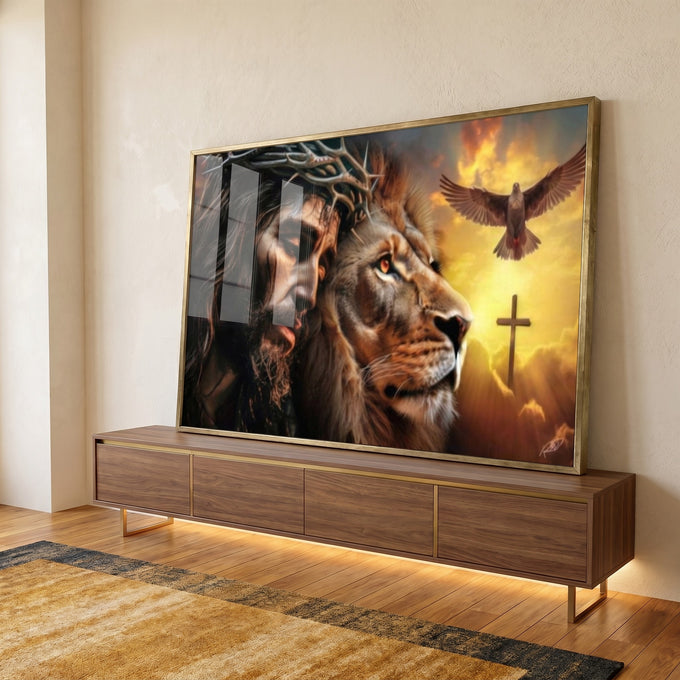Quadro Decorativo Leão de Judá e Cristo ao Pôr do Sol em ambiente decorado - quadros decorativos para sala