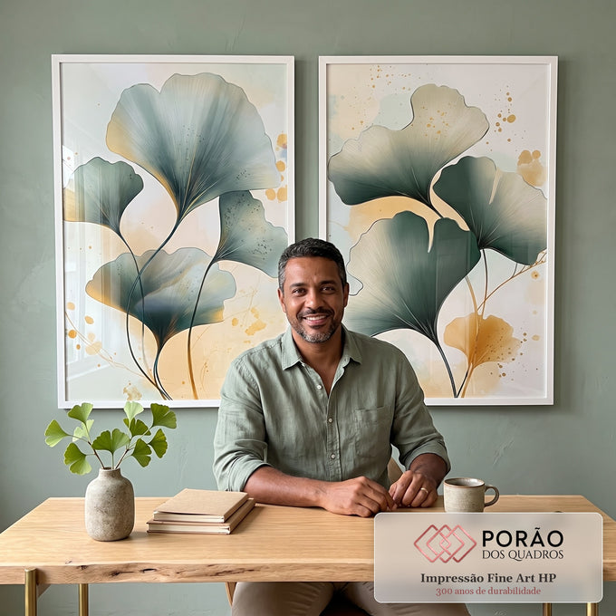Quadro Decorativo Harmonia Natural Moderno com Folhas Verdes em escritorio moderno - quadros decorativos para sala