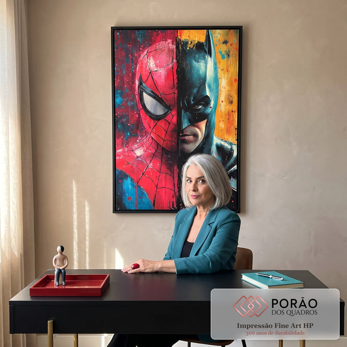 Quadro Decorativo Confronto Épico entre Morcego e Aranha em escritorio moderno - quadros decorativos para sala