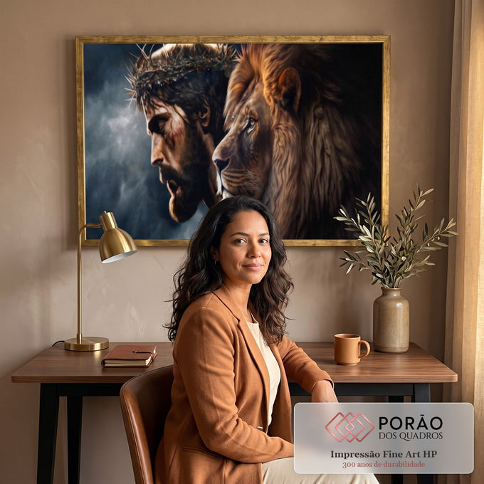 Quadro Decorativo Divindade e Realeza Jesus e Leão de Judá em escritorio moderno - quadros decorativos para sala