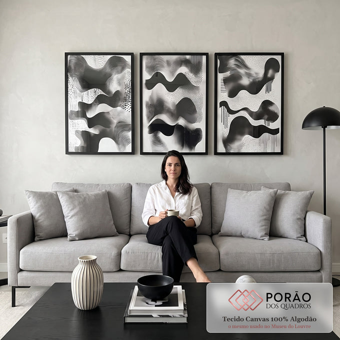 Quadro Decorativo Abstração Geométrica em Preto e Branco em sala de estar moderna - quadros decorativos para sala
