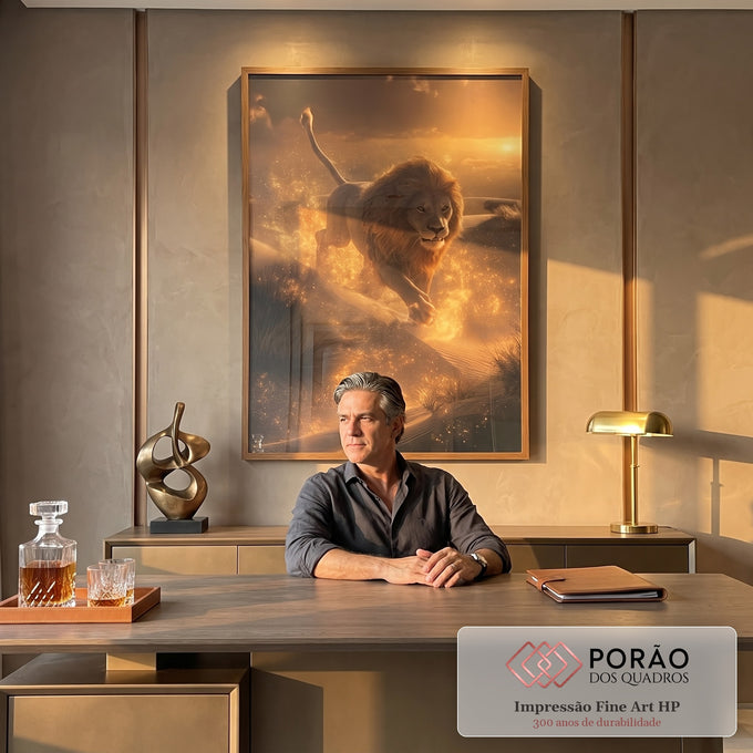 Quadro Decorativo Leão Majestoso e Poderoso em escritorio moderno - quadros decorativos para sala