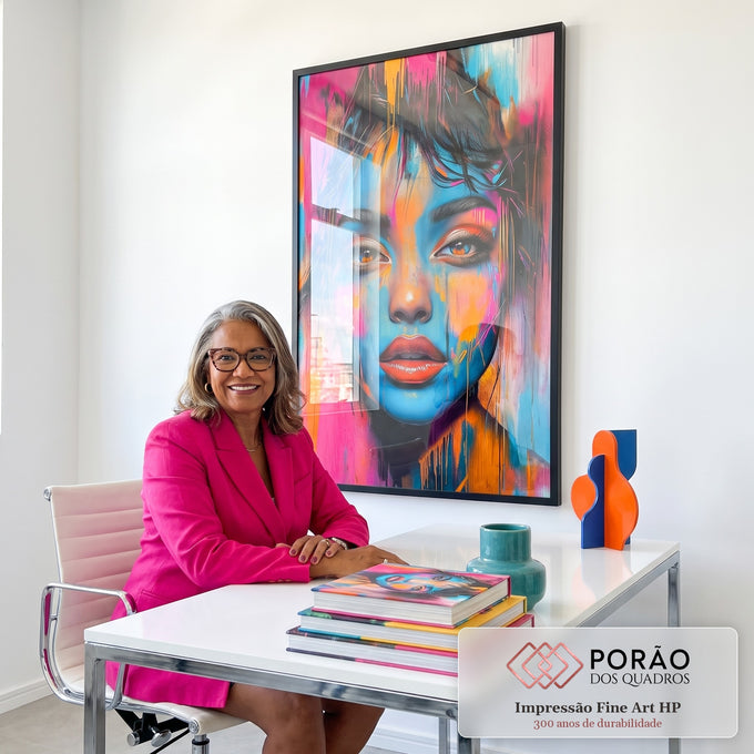 Quadro Decorativo Mulher Abstrata Encanto em Tons Vibrantes em escritorio moderno - quadros decorativos para sala