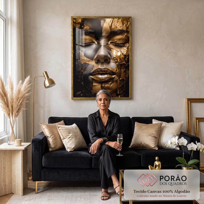 Quadro Decorativo - Luxo Dourado Feminino Inesquecível em sala de estar moderna - quadros decorativos para sala