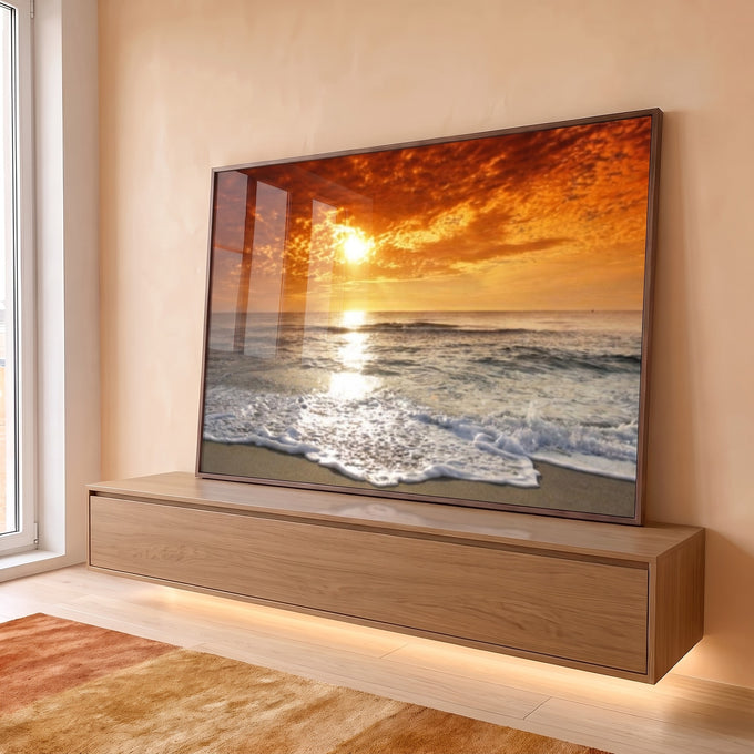Quadro Decorativo Mar ao Pôr do Sol: Beleza Serena em ambiente decorado - quadros decorativos para sala