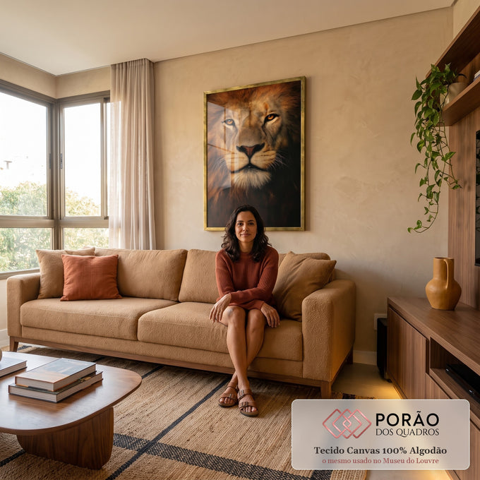 Quadro Decorativo Leão Dourado Majestoso em sala de estar moderna - quadros decorativos para sala